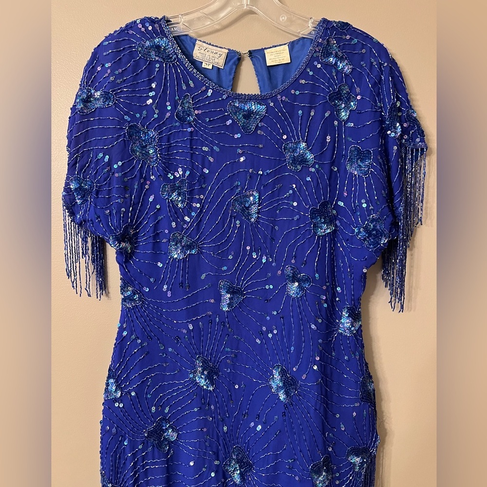 Stenay Vintage Royal Blue Sequin Beaded Tassel Cocktail Dress 100% Silk